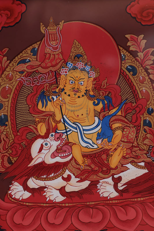Alt: Hand-painted red Tibetan Thangka of the Treasure King deity, symbolizing wealth and prosperity.