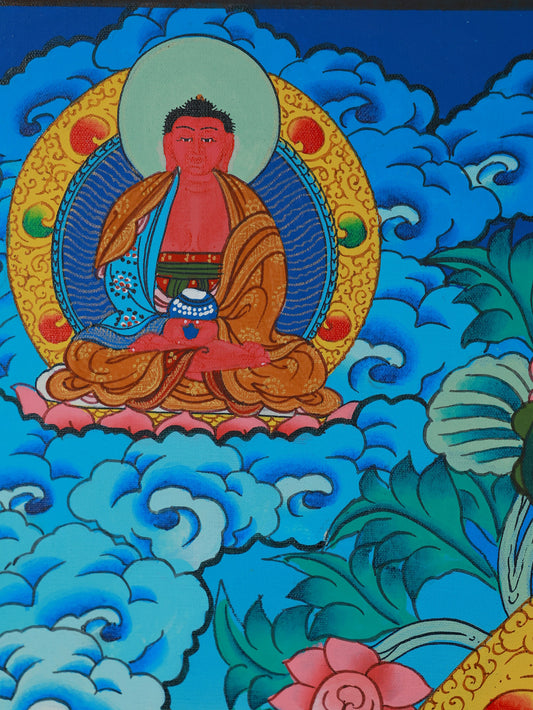 Tibetan Buddhist Samantabhadra Bodhisattva thangka depicting the bodhisattva riding a white elephant, representing pure action