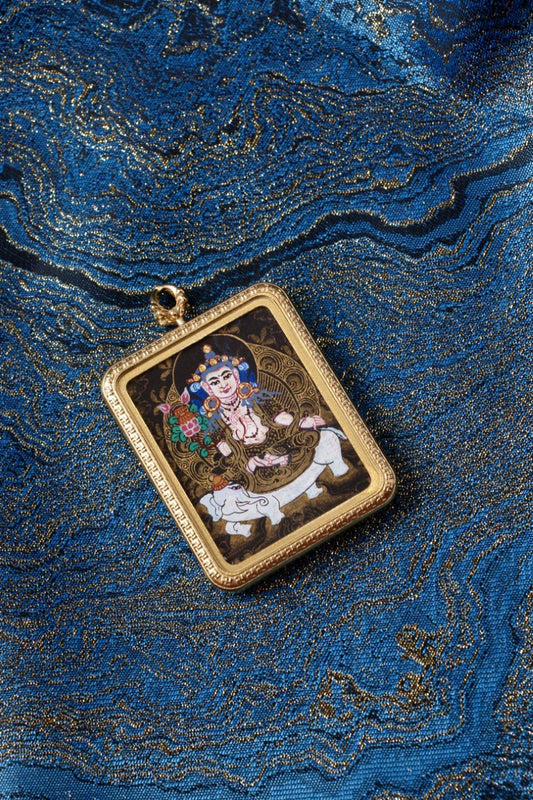 Samantabhadra Bodhisattva thangka pendant depicting the Tibetan Buddhist deity of universal practice and vows, symbolizing virtue and spiritual dedication.