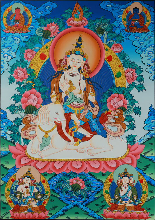Color thangka painting of Samantabhadra Bodhisattva in Tibetan Buddhist culture, symbolizing wisdom and enlightened practice