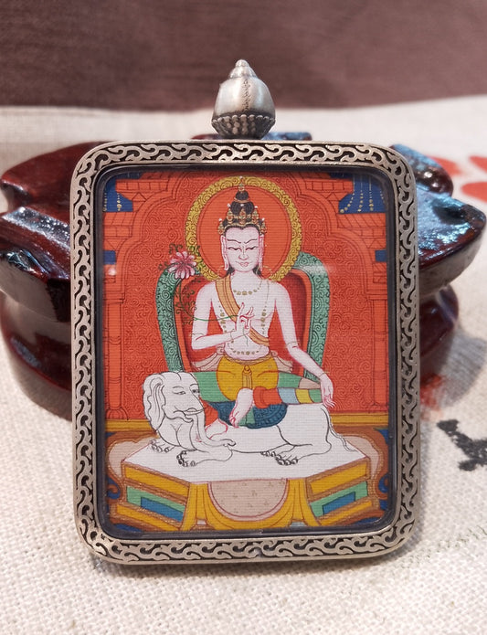 Hand-painted Chigong School Samantabhadra (普贤菩萨) Tibet Thangka pendant 4x5cm with hand-woven cord, Chigong School Tibet.