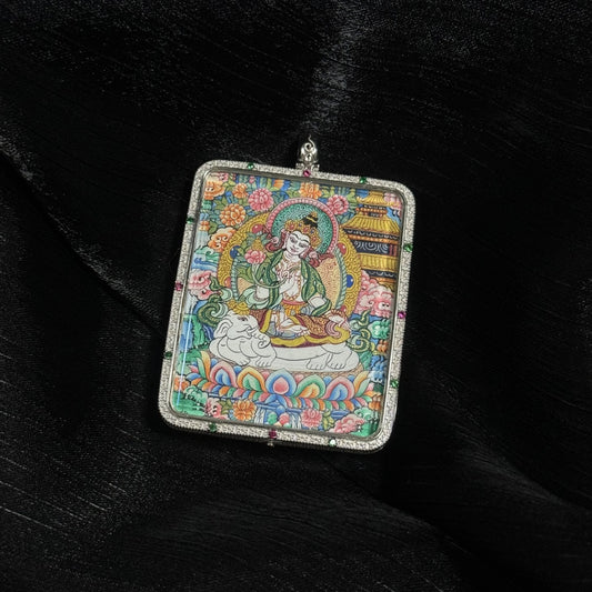 A 4x5cm hand-painted Samantabhadra Bodhisattva with Eight Guardians and Mandala Thangka pendant featuring the Bodhisattva of Universal Virtue, representing right conduct and truth in Tibetan Buddhist tradition.