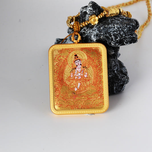 Close-up detail of the Karma Kagyu Samantabhadra Thangka painting showing intricate natural mineral pigment work, showcasing the masterful artistry of Tibetan lineage painters.