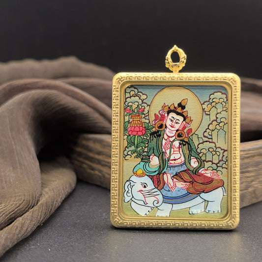 Detailed view of the titanium casing for the Samantabhadra Thangka pendant, symbolising virtue and tradition in Buddhist practice.