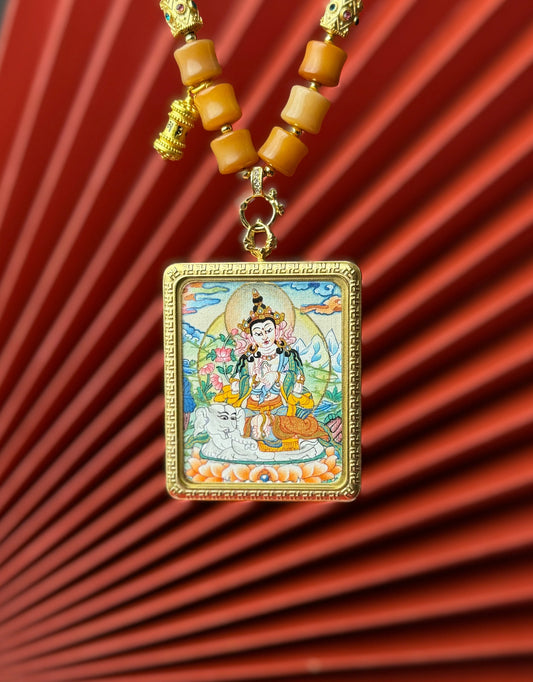 Detailed view of the titanium casing for the Samantabhadra Thangka pendant, symbolising virtue and tradition in Buddhist practice