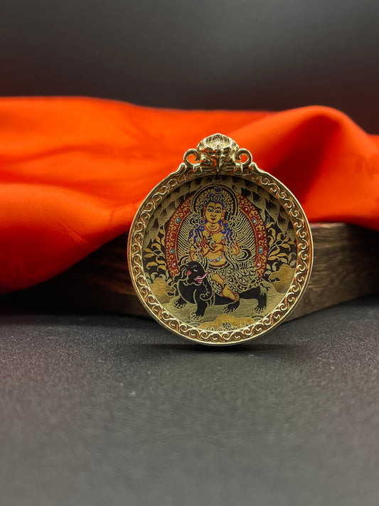 A 3.5cm hand-painted Rekong Black Gold Samantabhadra (普贤菩萨) Thangka pendant with copper casing featuring the Bodhisattva of great action and virtue, representing right conduct and truth in Buddhist tradition.