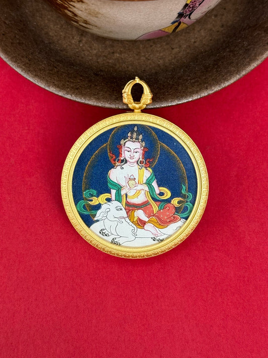 Close-up detail of the Tibet Bold Samantabhadra Thangka showing hand-painted mineral pigments, gold and lapis, showcasing the masterful artistry and three-dimensional imagery.