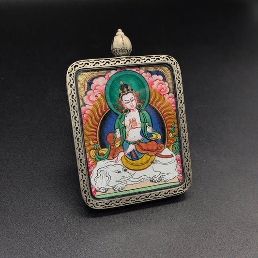 A 3.5x4.5cm hand-painted Tibet Red Cloud Samantabhadra (普贤菩萨) Thangka pendant with 925 silver featuring the Bodhisattva of great action and virtue, representing right conduct and truth in Buddhist tradition.