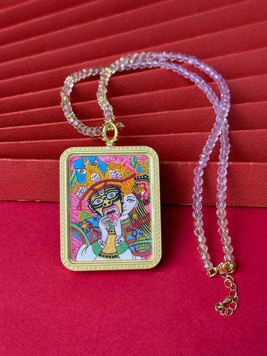 Hand-painted Nepal Shachilama Past and Present (扎基拉姆前世今生) Thangka pendant 3.5x4.5cm with copper casing featuring the female wealth deity, representing perseverance and fortune in Buddhist tradition.