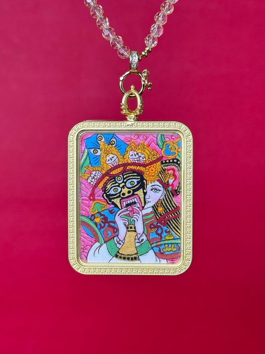 Close-up detail of the Nepal Shachilama Past and Present Thangka showing hand-painted mineral pigments, showcasing the masterful artistry and vivid expression.