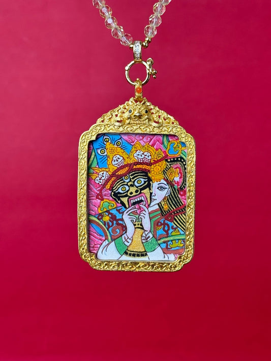 Close-up detail of the Nepal Shachilama Past and Present Thangka showing hand-painted mineral pigments, showcasing the masterful artistry and vivid expression.