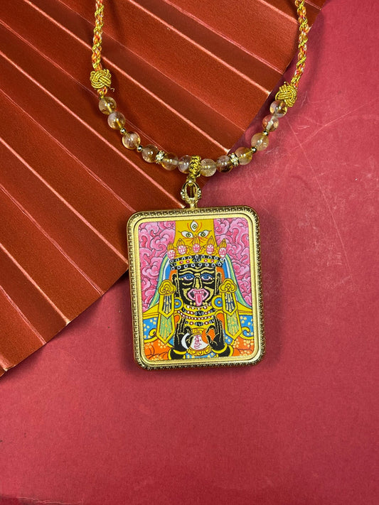 Hand-painted Nepal Pink Shachilama (粉色扎基拉姆) Thangka pendant 4x5cm featuring the female wealth deity, representing wealth and peace in Buddhist tradition.