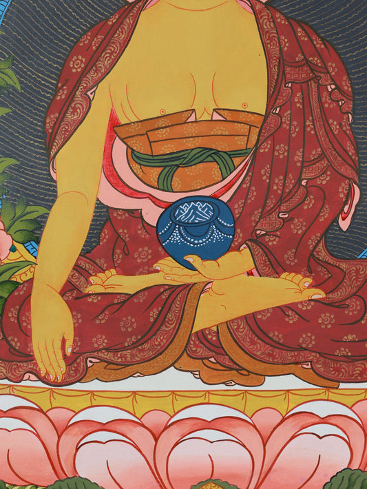 Traditional Tibetan Shakyamuni Buddha color thangka with golden halo, representing spiritual awakening in Tibetan Buddhist culture.