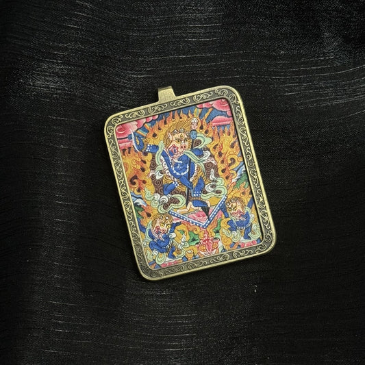 A 4x5cm hand-painted Nepal Elegant Simhamukha Lion-Faced Dakini Thangka pendant featuring the fierce wisdom protector, encased in copper, representing the destruction of ignorance in Tibetan Buddhist tradition.