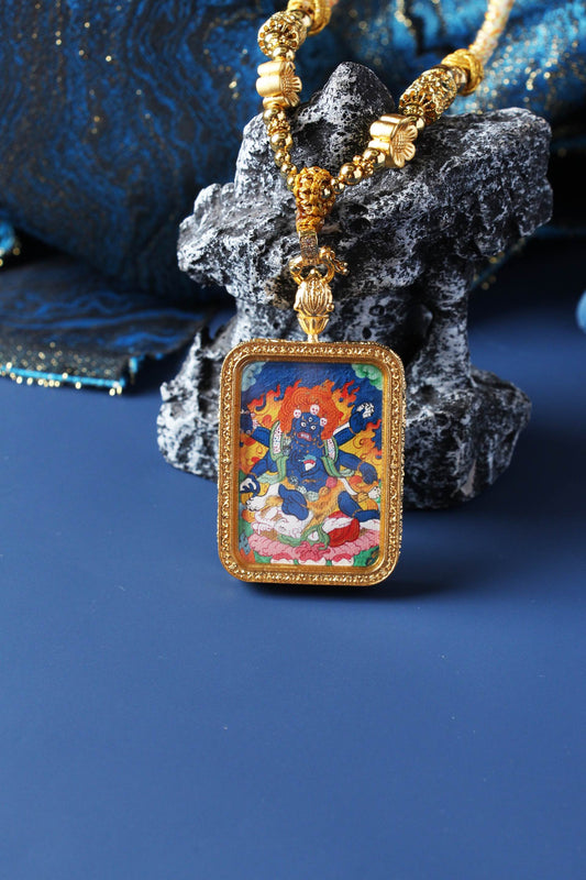 A 3.5x4.5cm hand-painted Tibetan Buddhist Six-Armed Mahakala Dharmapala Thangka pendant featuring the great black protector, encased in exclusive 925 Sterling Silver, representing protection and obstacle removal in Tibetan Buddhist culture.