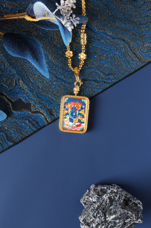 Close-up detail of the Tibetan Buddhist Six-Armed Mahakala Dharmapala Thangka painting showing intricate natural mineral pigment work and wrathful expression, showcasing the masterful artistry of Tibetan lineage painters.