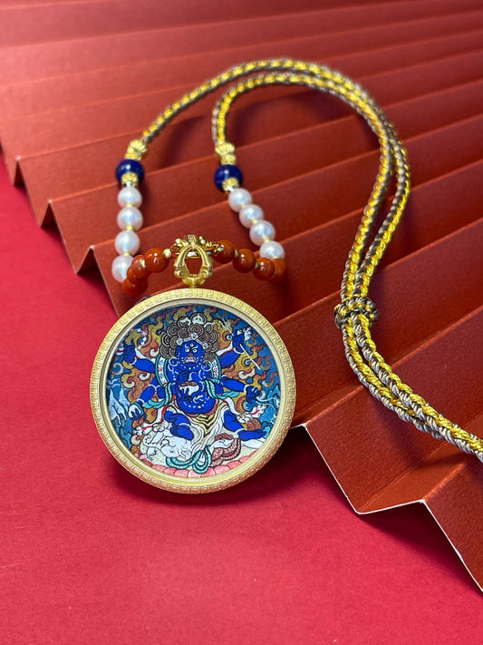Hand-painted Rekong Six-Armed Mahakala (六臂玛哈嘎拉) Thangka pendant 3.5x4.5cm with copper casing and hand-woven cord, pacification and merit, Rekong series.