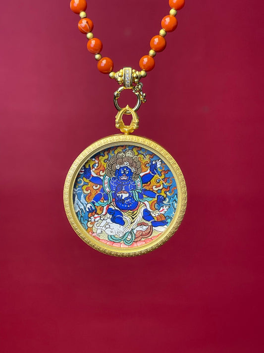 Close-up detail of the Rekong Six-Armed Mahakala compact Thangka showing mineral pigments and gold, Rekong series artistry.