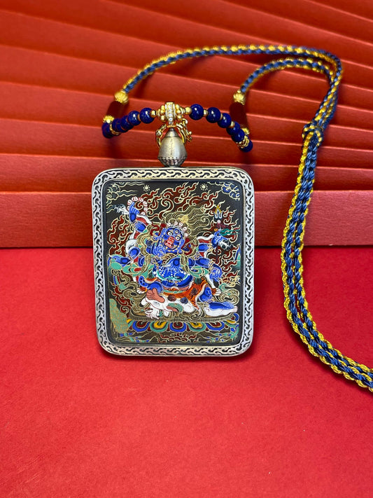 Close-up detail of the Rekong Six-Armed Mahakala Thangka showing mineral pigments and gold, showcasing Rekong series artistry.