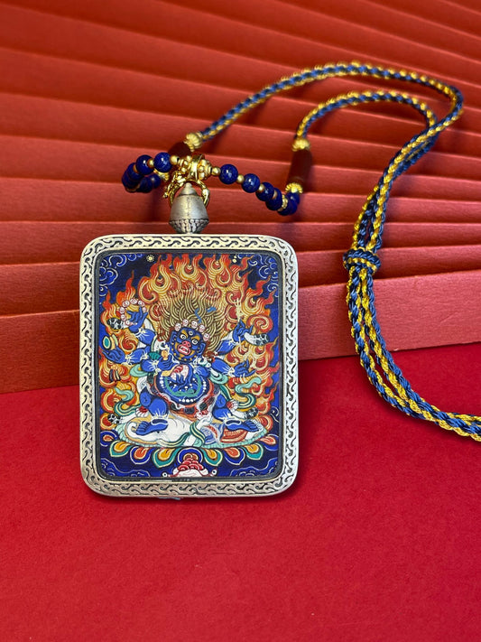 Hand-painted Rekong Six-Armed Mahakala (六臂玛哈嘎拉) Thangka pendant 4x5cm with copper casing featuring Dharma protector and pacification, representing remove obstacles in Buddhist tradition.