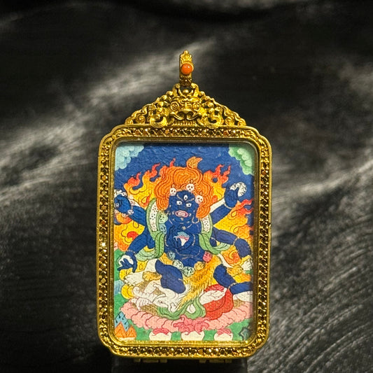 Close-up detail of the Tibet Six-Armed Mahakala Thangka painting showing natural mineral pigments, showcasing the masterful artistry of Tibet lineage painters.