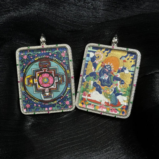 Close-up detail of the Tibet Bold Six-Armed Mahakala Thangka painting showing intricate natural mineral pigment work and protector symbolism, showcasing the masterful artistry of Tibetan lineage painters.