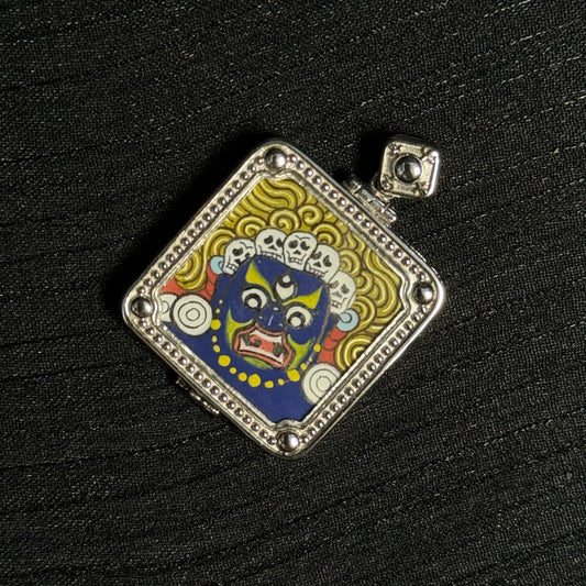 Close-up detail of the Tibet Six-Armed Mahakala Thangka painting showing natural mineral pigments, showcasing the masterful artistry of Tibetan lineage painters.