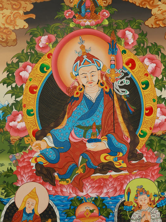 Traditional Tibetan Buddhist thangka of Padmasambhava seated on a lotus throne, symbolizing enlightenment and spiritual mastery.