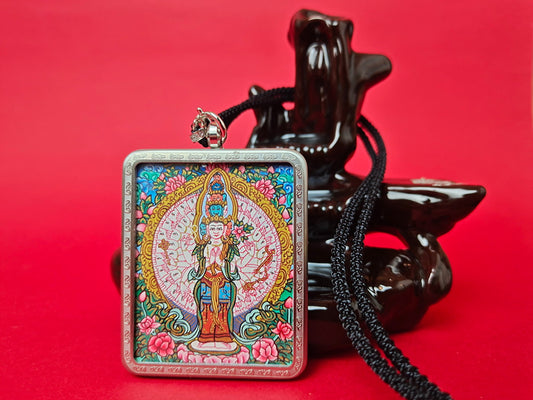 Close-up detail of the Nepal Thousand-Armed Avalokiteshvara Thangka showing hand-painted mineral pigments, showcasing the Nepal series artistry.