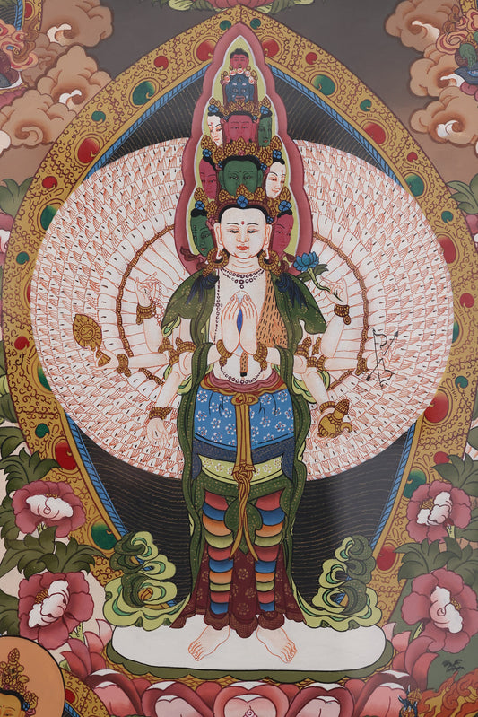 Alt Text: Pure hand-painted Avalokiteshvara Thangka from Tibet, featuring intricate Thousand-Armed design.