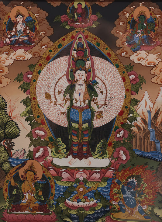 Alt Text: Pure hand-painted Tibetan Thangka of Thousand-Armed Avalokiteshvara, symbolizing compassion and protection.