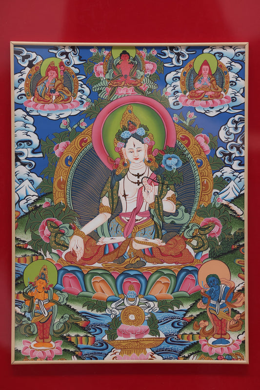 Traditional Tibetan Buddhist thangka of the Three Deities of Longevity centered on Amitayus Buddha