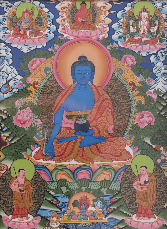 Hand-painted Tibetan Thangka of Akshobhya Buddha, highlighting unchanging wisdom and serene presence."