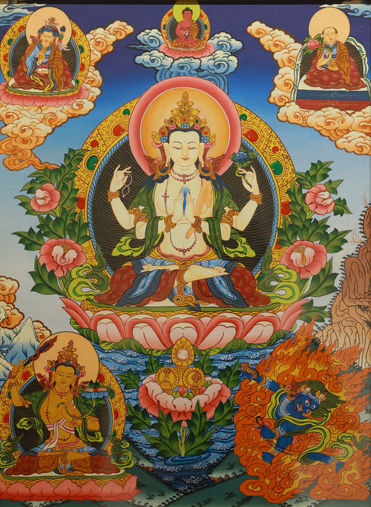Color Tibetan Thangka depicting Vairocana Buddha, symbol of universal wisdom and enlightenment in Tibetan Buddhism.