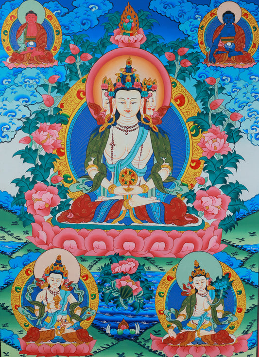 Hand-painted Tibetan Buddhist color thangka depicting Vairocana Buddha, symbol of enlightenment and universal wisdom.