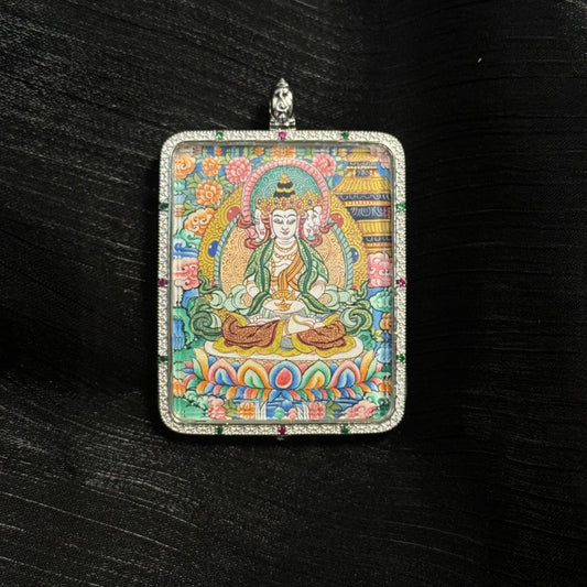 A 4x5cm hand-painted Vairocana Buddha with Eight Guardians and Mandala Thangka pendant featuring the Buddha of Cosmic Light, representing light and wisdom in Tibetan Buddhist tradition.