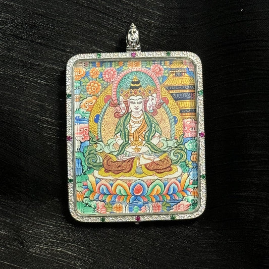 The Vairocana with Eight Guardians and Mandala Thangka pendant displayed as a sacred amulet for light and wisdom, embodying Tibetan Buddhist tradition.
