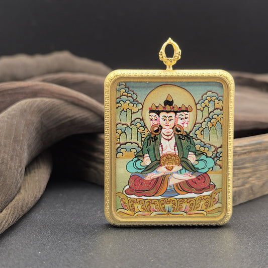 Detailed view of the titanium casing for the Vairocana Thangka pendant, symbolising wisdom and tradition in Buddhist practice.