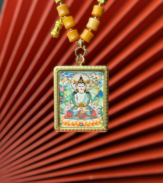 Detailed view of the titanium casing for the Vairocana Thangka pendant, symbolising wisdom and tradition in Buddhist practice.