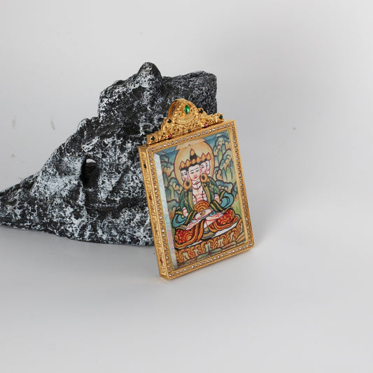 Hand-painted Nepal Elegant Vairocana Buddha Thangka pendant featuring the Buddha of Cosmic Light, encased in titanium steel, representing illumination in Tibetan Buddhist tradition.