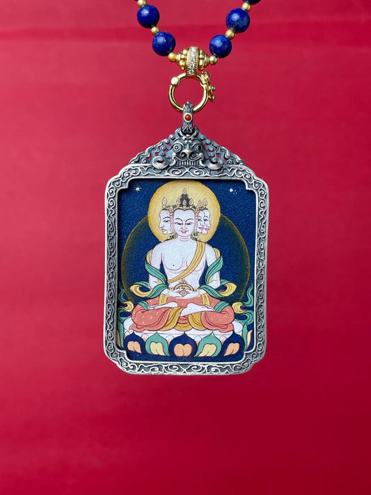 Detailed view of the refined silver casing for the Vairocana Thangka pendant, symbolising wisdom-light and tradition in Buddhist practice.