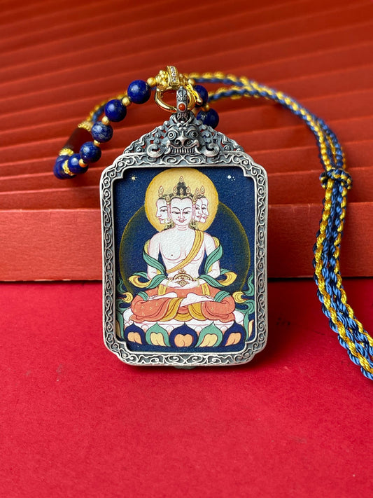 Close-up detail of the Tibet Vairocana Thangka showing hand-painted mineral pigments, showcasing the Tibet Coarse series artistry.