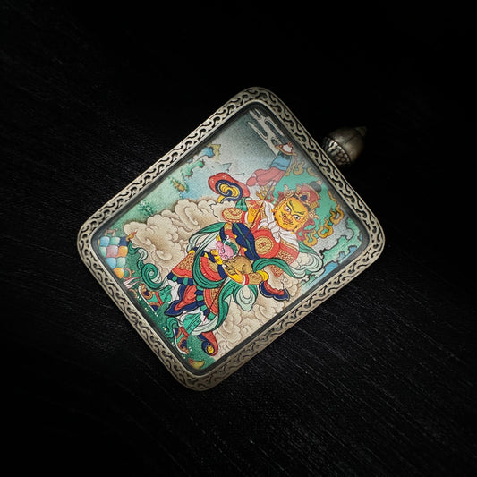 A 3.5x4.5cm hand-painted Rekong Cuiying series Vaishravana (Northern Guardian King) Thangka pendant featuring wealth and protection in Buddhist tradition.