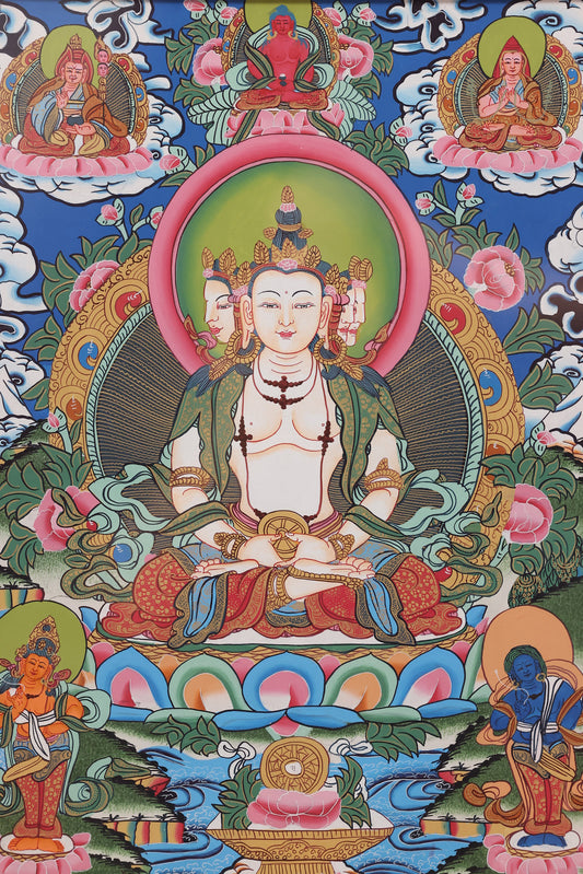 Hand-painted Vajradhatu Mandala showcasing the complete assembly of the Long Life and Wisdom deities in Tibetan Buddhist tradition.
