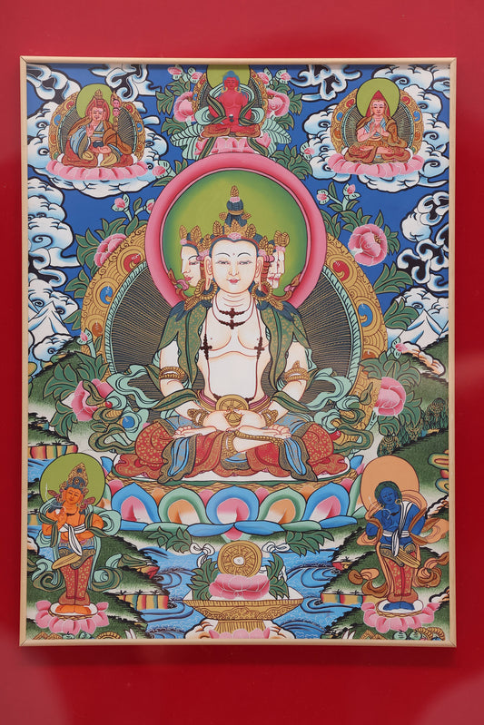 Full view of the Vajradhatu Mandala illustrating the intricate layout of central and attendant deities in a sacred assembly.