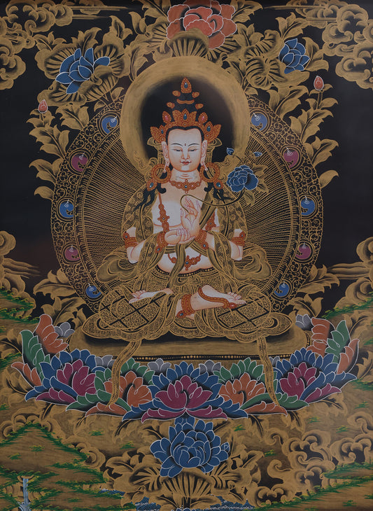 Hand-painted Tibetan Buddhist Vajrasattva Thangka depicting the deity of purification holding vajra and bell, symbolizing the cleansing of negative karma.