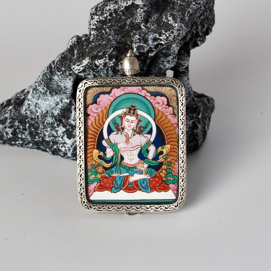 Close-up detail of the Nepal Vajrasattva Thangka painting showing intricate natural mineral pigment work, showcasing the masterful artistry of Nepali lineage painters.