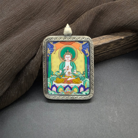 Detailed view of the matte copper casing and certificate gift box for the Vajrasattva Thangka pendant, symbolising purification and tradition in Buddhist practice.