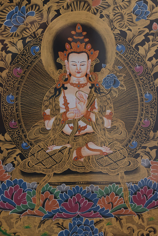 White Vajrasattva meditation Thangka in Tibetan Buddhist tradition, representing inner purification, clarity of mind, and spiritual renewal.