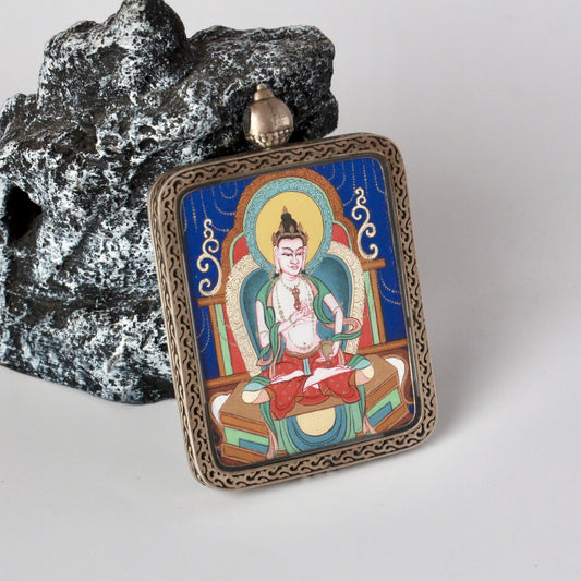 Hand-painted Tibet Chigang Vajrasattva Thangka pendant featuring the Primordial Buddha of Purification, Dunhuang pure silver case, representing purification and wisdom in Tibetan Buddhist tradition.
